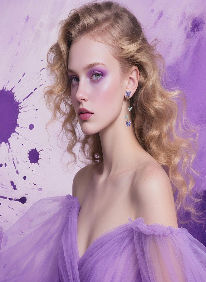 Voiiake Purple Butterfly Earrings for Women with Lavender Dress, Sparkle Crystal Halloween Dangle Earrings for Fairy Dress, Butterfly Costume & Singer Costume Outfits - Image 5